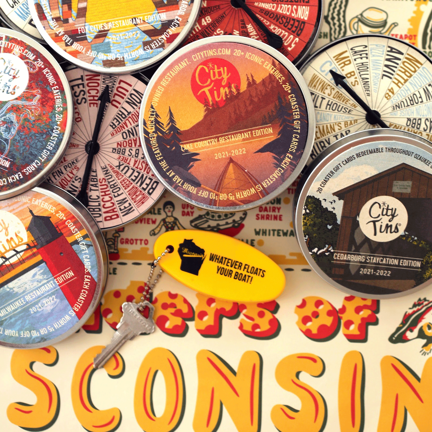 Shop by state featuring Wisconsin with an assortment of WISCO tins on graphic Wisconsin background and boat FOB.